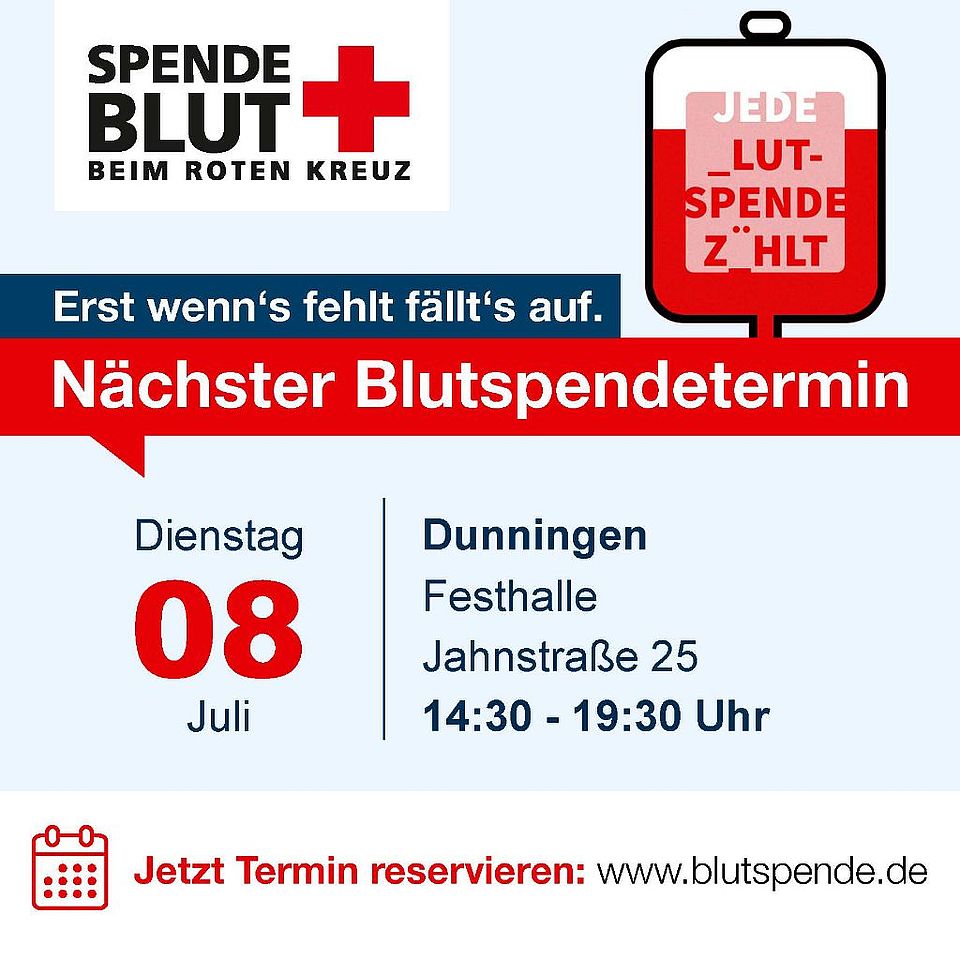 Plakat zur Blutspende am 08. Juli 2025 in Dunningen